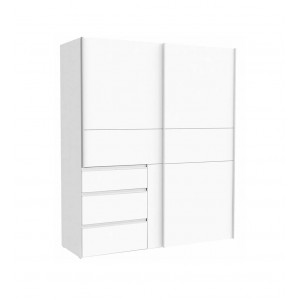 Armoire 2 portes coulissantes 3 tiroirs bois décor blanc longueur 200 cm - moderne - THOR