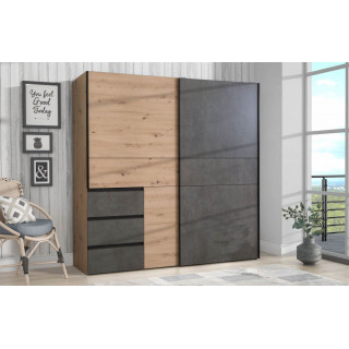 Armoire 2 portes coulissantes 3 tiroirs bois décor chêne béton gris longueur 200 cm - moderne rustique - THOR