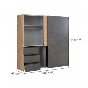 Armoire 2 portes coulissantes 3 tiroirs bois décor chêne béton gris longueur 200 cm - moderne rustique - THOR