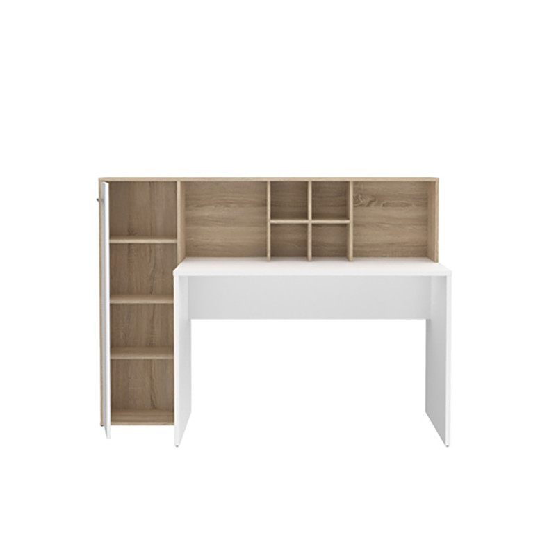 Bureau droit avec 6 niches et 1 placard à étagères décor chêne clair et blanc mat - rangements pratiques - KEVAN