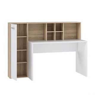 Bureau droit avec 6 niches et 1 placard à étagères décor chêne clair et blanc mat - rangements pratiques - KEVAN