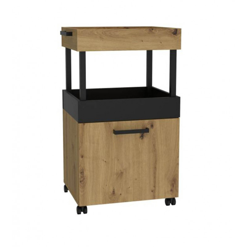 Meuble bar 1 portes 2 plateaux rangements pieds sur roulettes bois chêne artisan noir mat - BENJI