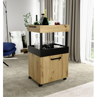 Meuble bar 1 portes 2 plateaux rangements pieds sur roulettes bois chêne artisan noir mat - BENJI