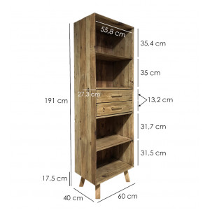 Bibliothèque chiffonnier 190 cm 4 niches 2 tiroirs pieds obliques bois pin recyclé - CHALET