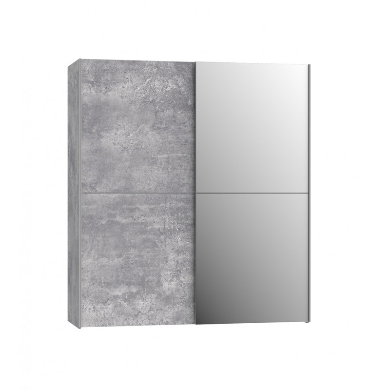 Armoire 2 portes coulissantes 5 tablettes béton gris clair miroir - JEIK