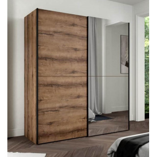 Armoire 2 portes coulissantes 5 tablettes bois chêne miroir - JEIK
