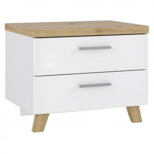 Table de chevet tiroirs système soft close finition blanc brillant et piètement en bois massif - BETTY