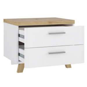 Table de chevet tiroirs système soft close finition blanc brillant et piètement en bois massif - BETTY