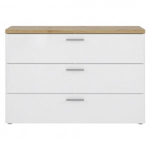Commode 3 tiroirs système soft close poignées métal, piètement bois massif finition blanc brillant - BETTY