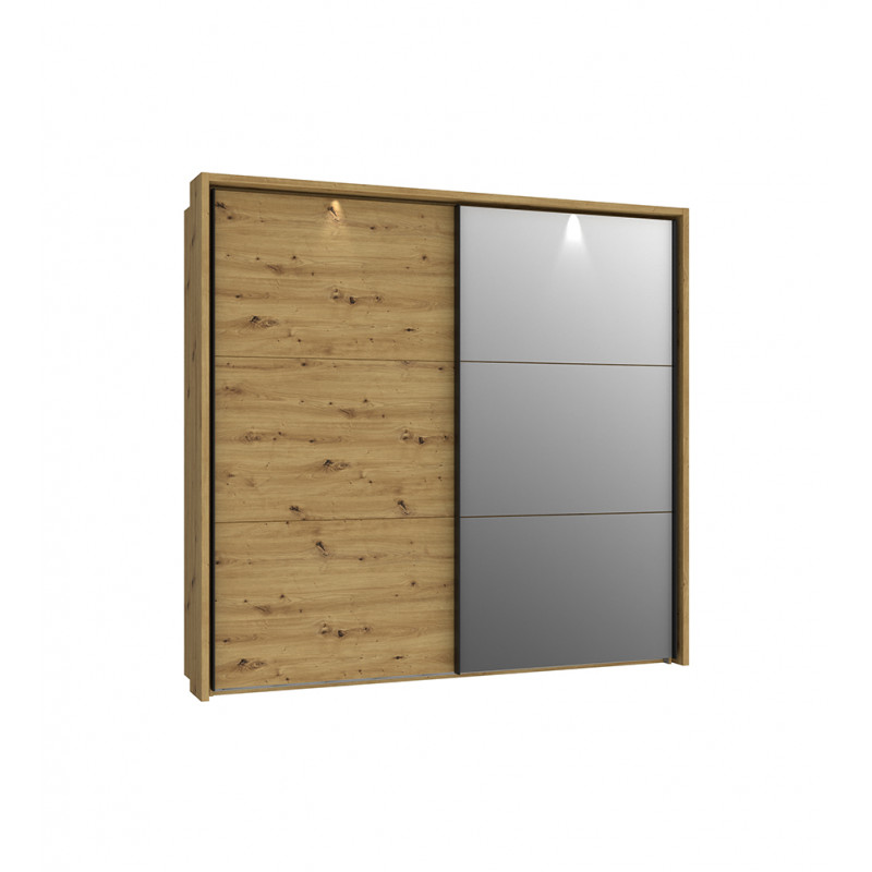 Armoire L 230 cm 2 portes coulissantes miroir chêne passepartout LED set 5 tablettes - ALIA