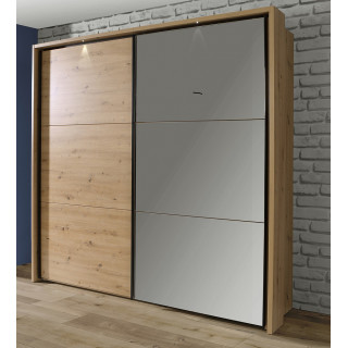 Armoire L 230 cm 2 portes coulissantes miroir chêne passepartout LED set 5 tablettes - ALIA