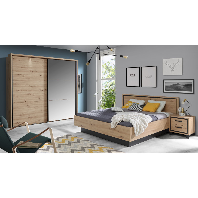 Armoire L 230 cm 2 portes coulissantes miroir chêne passepartout LED set 5 tablettes - ALIA