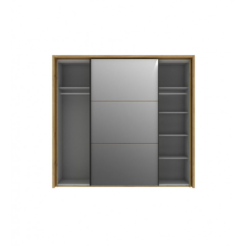 Armoire L 230 cm 2 portes coulissantes miroir chêne passepartout LED set 5 tablettes - ALIA