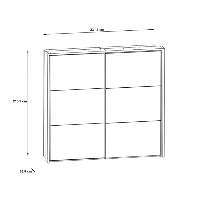 Armoire L 230 cm 2 portes coulissantes miroir chêne passepartout LED set 5 tablettes - ALIA