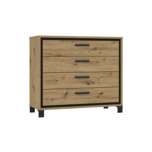 Commode 4 tiroirs chêne pieds poignée métal noir - ALIA