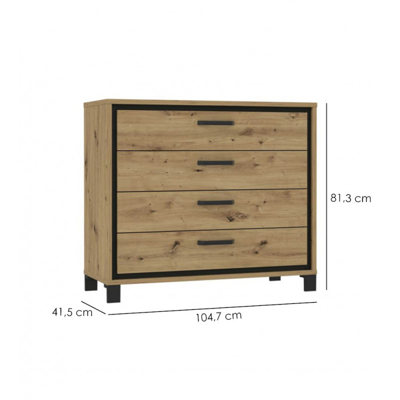Commode 4 tiroirs chêne pieds poignée métal noir - ALIA