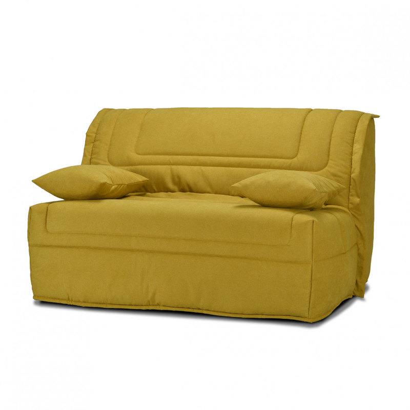 Banquette lit BZ 140x190 cm avec housse en tissu jaune matelas Bultex® épaisseur 12 cm et 2 coussins déco – BUZZY