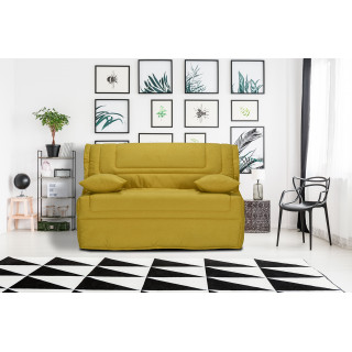 Banquette lit BZ 140x190 cm avec housse en tissu jaune matelas Bultex® épaisseur 12 cm et 2 coussins déco – BUZZY