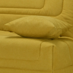 Banquette lit BZ 140x190 cm avec housse en tissu jaune matelas Bultex® épaisseur 12 cm et 2 coussins déco – BUZZY