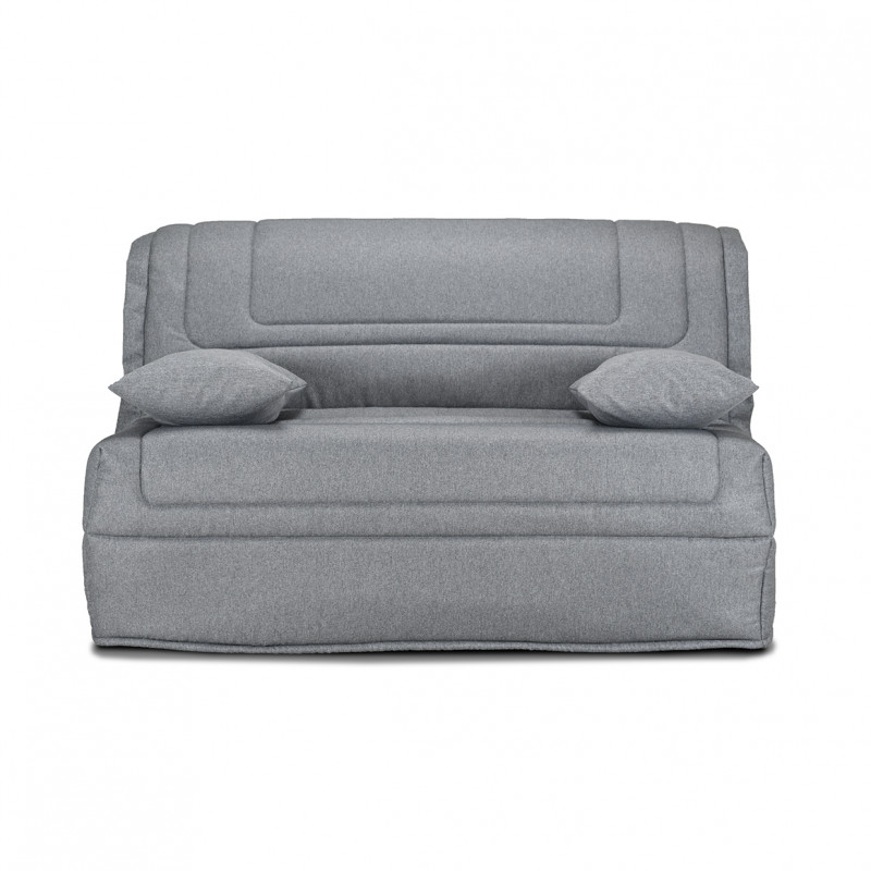 Banquette lit BZ 140x190 cm avec housse en tissu gris chiné matelas Bultex® épaisseur 12 cm et 2 coussins déco – BUZZY