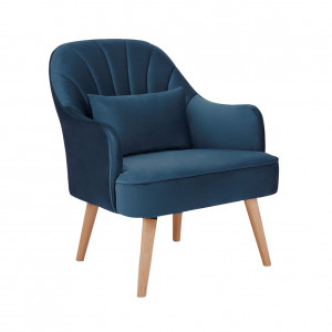 Fauteuil matelassé en velours bleu foncé avec accoudoirs 1 coussin et pieds bois clair - LOUKIA
