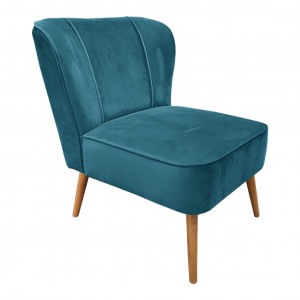 Petit fauteuil bas structure en bois de pin et panneaux de particules tissu effet velours bleu et piètement en bois - KARLA