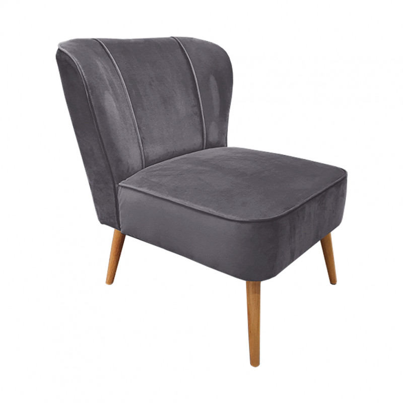 Petit fauteuil bas structure en bois de pin et panneaux de particules tissu effet velours gris et piètement en bois - KARLA