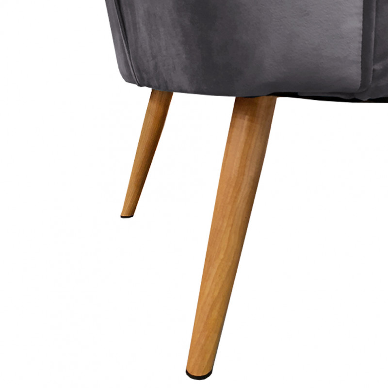 Petit fauteuil bas structure en bois de pin et panneaux de particules tissu effet velours gris et piètement en bois - KARLA
