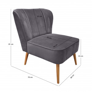 Petit fauteuil bas structure en bois de pin et panneaux de particules tissu effet velours gris et piètement en bois - KARLA