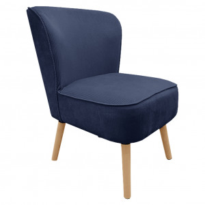 Fauteuil bas structure en bois de pin tissu finition velours côtelé bleu et piètement en bois de bouleau - NATSU