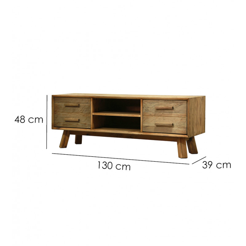 Meuble TV 130 cm pieds obliques 2 niches 2 tiroirs bois - CHALET