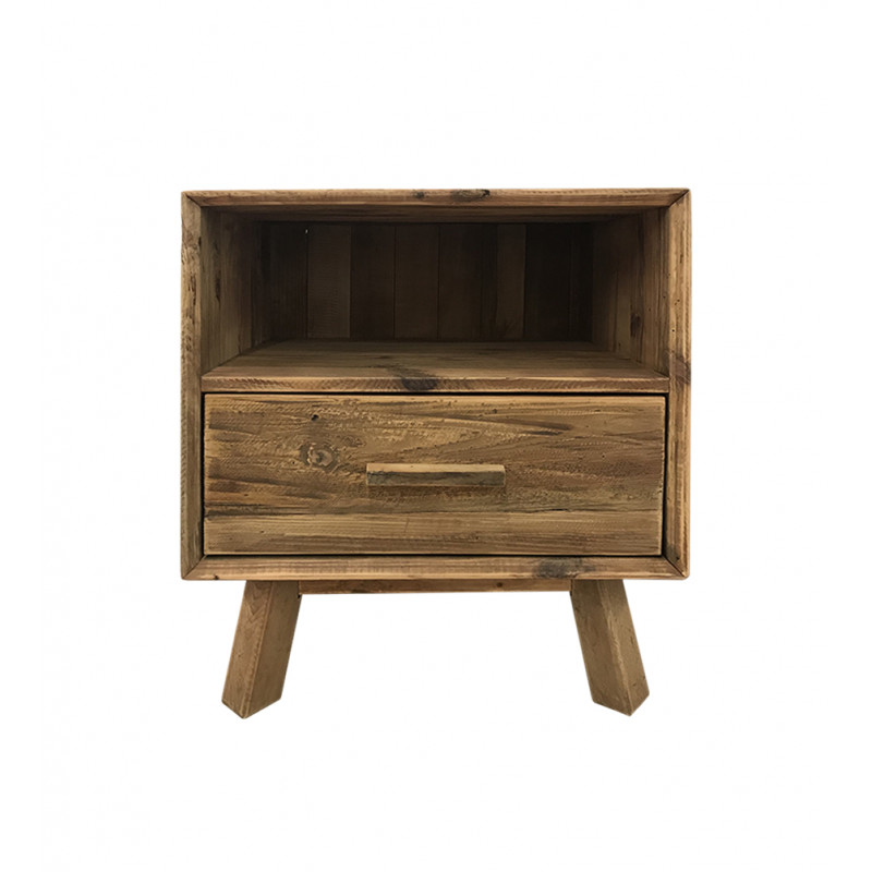Table chevet pieds obliques 1 tiroir 1 niche bois pin recyclé - style montagnard - CHALET