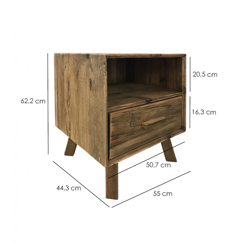 Table chevet pieds obliques 1 tiroir 1 niche bois pin recyclé - style montagnard - CHALET