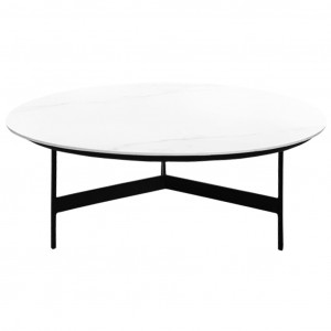 Table basse ronde avec plateau en céramique blanc et piètement en métal noir - ASHE