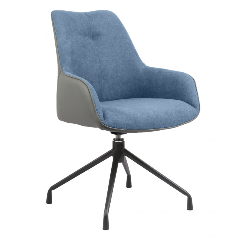 Fauteuil rotatif avec accoudoirs en tissu bleu chiné et simili gris avec 4 pieds en métal noir - ELLA