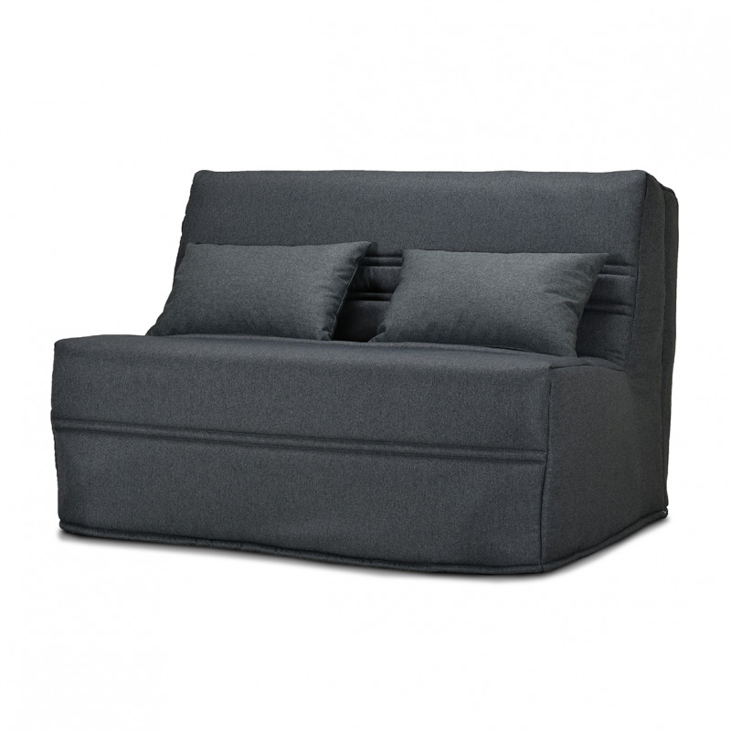 Banquette lit BZ 140x200 cm avec housse en tissu gris anthracite matelas épaisseur 15 cm et 2 coussins déco - ANATOLE