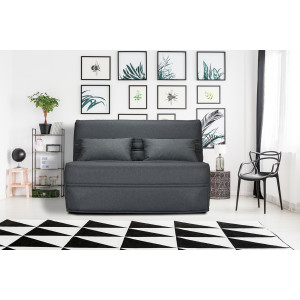 Banquette lit BZ 140x200 cm avec housse en tissu gris anthracite matelas épaisseur 15 cm et 2 coussins déco - ANATOLE