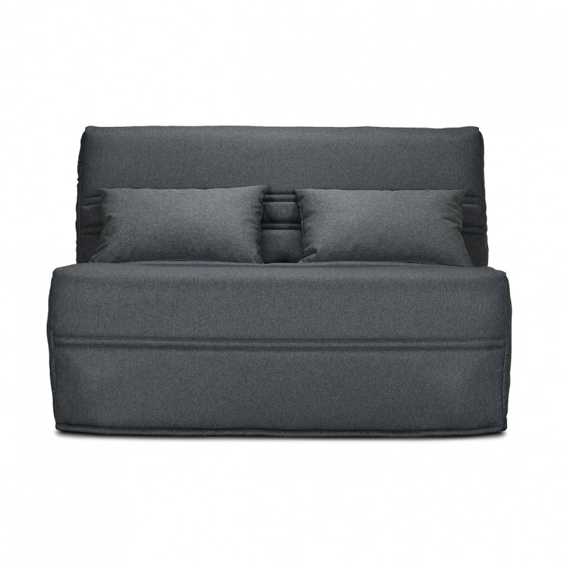 Banquette lit BZ 140x200 cm avec housse en tissu gris anthracite matelas épaisseur 15 cm et 2 coussins déco - ANATOLE