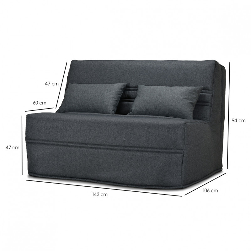 Banquette lit BZ 140x200 cm avec housse en tissu gris anthracite matelas épaisseur 15 cm et 2 coussins déco - ANATOLE