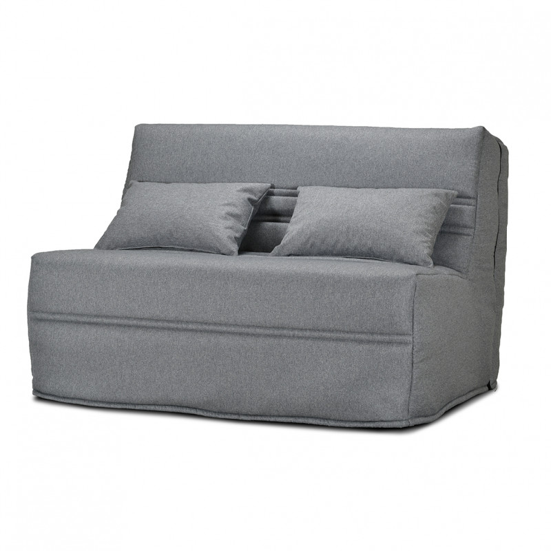 Banquette lit BZ 140x200 cm avec housse en tissu gris chiné matelas épaisseur 15 cm et 2 coussins déco - ANATOLE