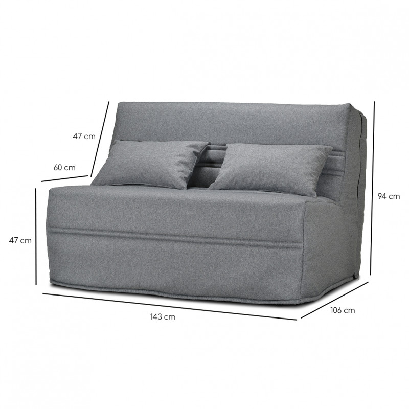 Banquette lit BZ 140x200 cm avec housse en tissu gris chiné matelas épaisseur 15 cm et 2 coussins déco - ANATOLE
