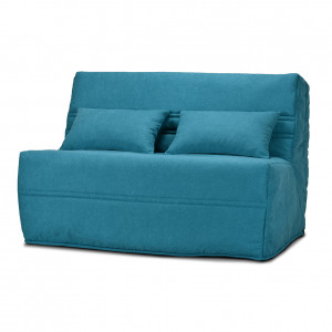 Banquette lit BZ 140x200 cm avec housse en tissu bleu matelas épaisseur 15 cm et 2 coussins déco - ANATOLE