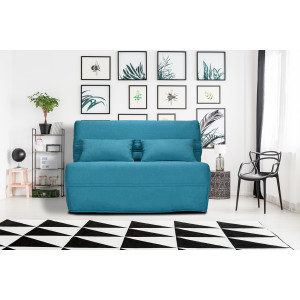 Banquette lit BZ 140x200 cm avec housse en tissu bleu matelas épaisseur 15 cm et 2 coussins déco - ANATOLE