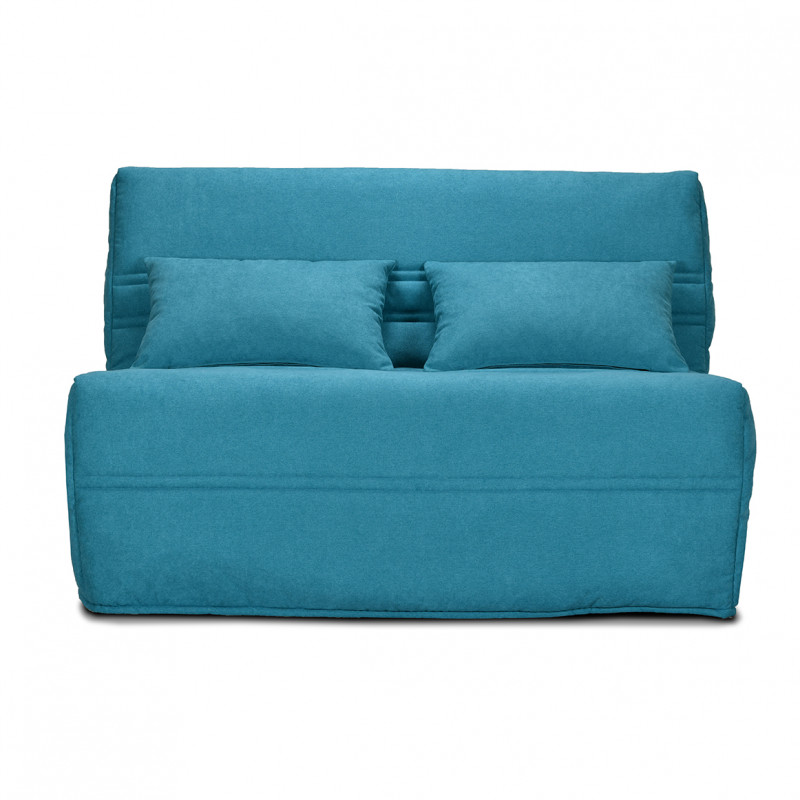 Banquette lit BZ 140x200 cm avec housse en tissu bleu matelas épaisseur 15 cm et 2 coussins déco - ANATOLE