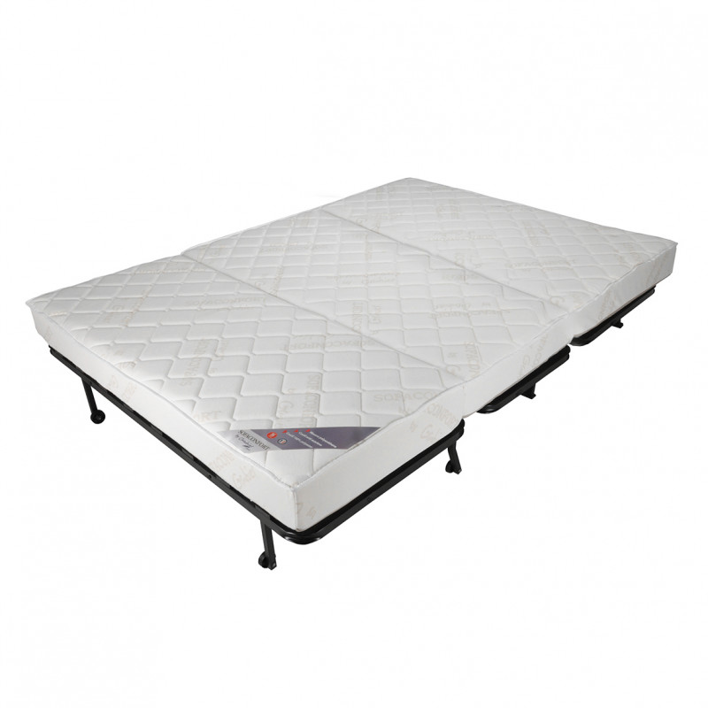 Banquette lit BZ 140x200 cm avec housse en tissu bleu matelas épaisseur 15 cm et 2 coussins déco - ANATOLE