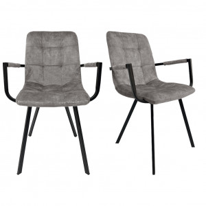 Lot de 2 fauteuils capitonnés en velours gris clair, accoudoirs et piètement en métal noir - NAMI