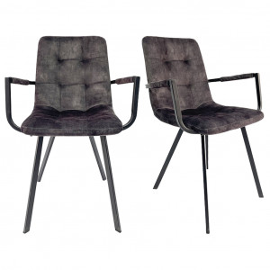 Lot de 2 fauteuils capitonnés en velours gris anthracite, accoudoirs et piètement en métal noir - NAMI