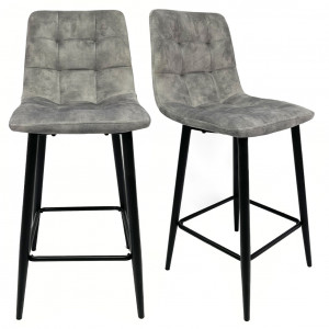 Lot de 2 chaises de bar capitonnées en velours gris clair avec piètement et repose pieds en métal noir - NAMI