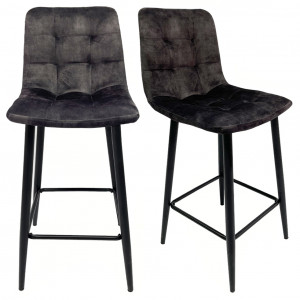 Lot de 2 chaises de bar capitonnées en velours gris anthracite avec piètement et repose pieds en métal noir - NAMI