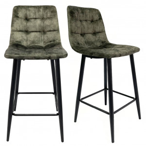 Lot de 2 chaises de bar capitonnées en velours vert foncé avec piètement et repose pieds en métal noir - NAMI